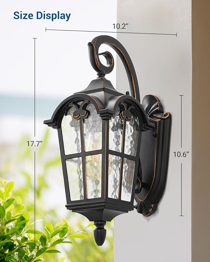 DEWENWILS Outdoor Wall Light Fixtures, Black Roman 17.7" H Exterior Wall Lantern, Anti-Rust & Waterproof, Water Ripple Glass, Outside Wall Sconce Porch Light for House, Garage
