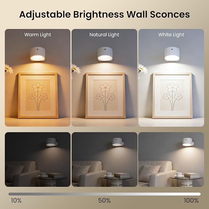 Battery Operated Wall Sconce, Dimmable Led Reading Light with Remote Control & Timer, 3 Color Temps Rechargeable Cordless Wall Lights for Bedroom Bedside, 3 Pack - White