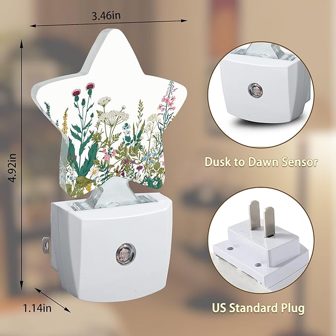 Herbs Wild Flowers Night Lights Plug in Wall Lamp Smart Dusk to Dawn Sensor for Home Decorative,Kids Room Bedroom Bathroom Kitchen Hallway Gifts