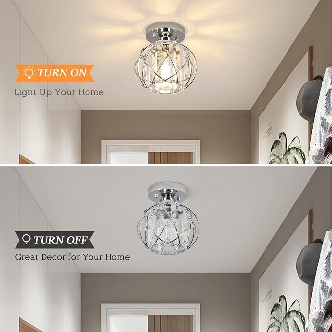 Hallway Light Fixtures Ceiling,Modern Chrome Crystal Ceiling Lights Fixture, Semi Flush Mount E26 Small Hallway Lighting Fixtures Ceiling Light for Porch Entryway Foyer 2 Pack