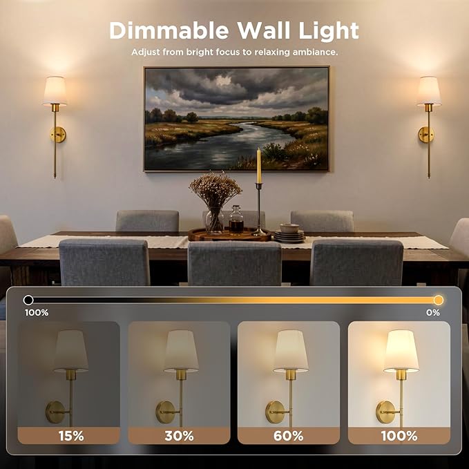 Brightown Battery Operated Wall Sconces Set of Two,Gold Sconces Wall Decor | RGBWW Rechargeable Wall Lights with Dimmable Magnetic Bulbs & Remote, Wireless Wall Lamp for Living Room Bedroom Hallway