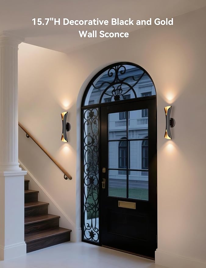 Tubicen Modern Wall Sconces Set of 2 Up and Down Wall Lights Indoor Dimmable Mid Century Modern Black and Gold Wall Sconces for Bedroom Living Room Home Theater Hardwired 15.7" H