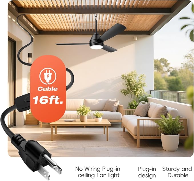 PBLALA 42" Outdoor Ceiling Fans with Lights,Plug in Ceiling Fan Light,Gazebo Fan Light,Hanging with Hook,45W,3CCT,App&Remote Control,6-Speeds,DC Motor,Portable Fan for Patios,Pergola
