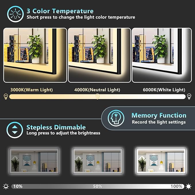 96x36 Black LED Bathroom Mirror, Backlit & Front Lit Lighted Mirror | Metal Framed Anti-Fog Vanity Mirror with Lights, 3 Color Dimmable, Memory, HD Tempered Glass, CRI95, UL Listed, Wall Mounted