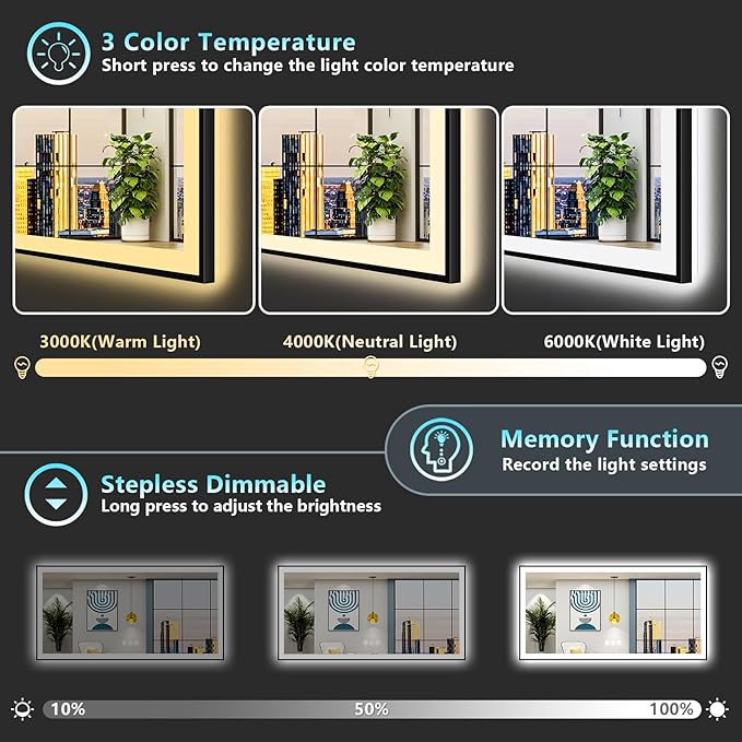 72x32 Black LED Bathroom Mirror, Backlit & Front Lit Lighted Mirror | Metal Framed Anti-Fog Vanity Mirror with Lights, 3 Color Dimmable, Memory, HD Tempered Glass, CRI95, UL Listed, Wall Mounted