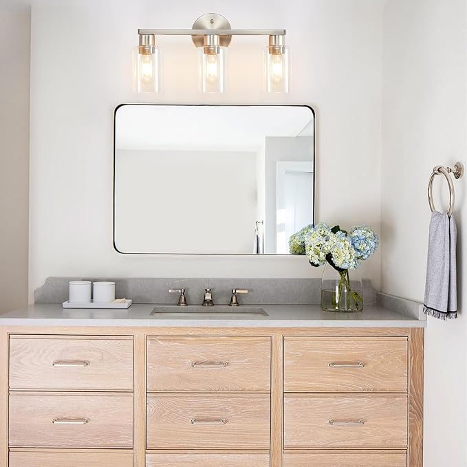 Bathroom Light Fixtures 3-Light Bathroom Vanity Light Brushed Nickel | Stainless steel body, Clear glass shade, E26 scoket, Anti-rust, Easy to install, Vanity lighting fixtures, Over mirror, 18 in