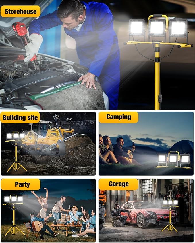Upgraded LED Work Lights with Stand, 21000 Lumen, 3-Head Adjustable Work Light, Waterproof Foldable Tripod, Extended Cord for Outdoor & Indoor Job Sites, Workshops, Construction, Garage Lighting