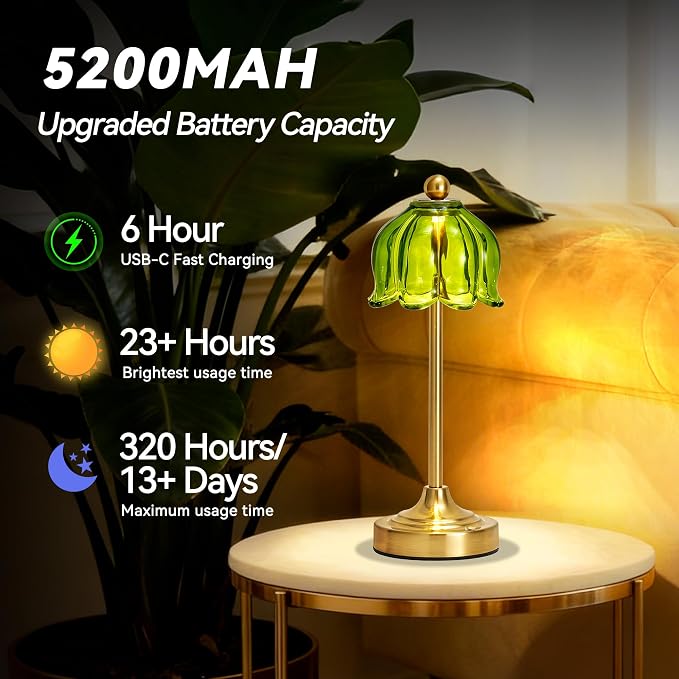 Small Tulip Cordless Table Lamp, LED Touch Accent Lamp with Amber Glass Shade, Dimmable Vintage Table Lamps for Bedroom, Kitchen, Nightstand, Restaurant