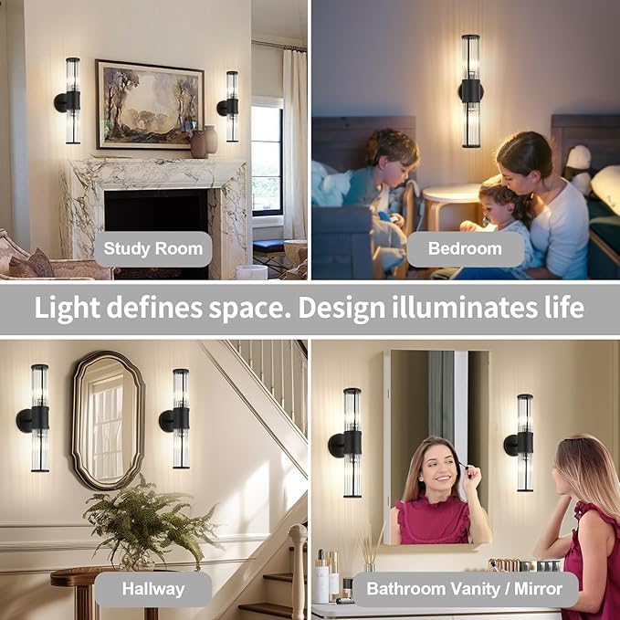 19.7" Modern Bathroom Wall Sconce Light Fixture, Black Glass Rod Vanity Light with E12 Base, Up or Down Mounting for Mirror Makeup Lighting (Bulbs Not Included)