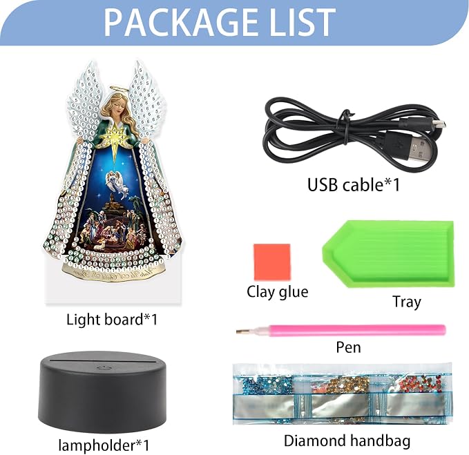 JISHSHAY Diamond Painting Night Light Diamond Art Table Lamps Gem Art LED Lights Gem Painting Desk Lamp Mosaic Kits for Adults DIY Kits for Adults Paint by Numbers Virgin Mary Madonna