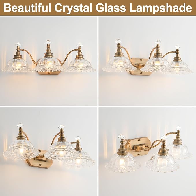 Vintage Bathroom Vanity Light Fixtures, 3-Light Matte Brass Finish Vanity Light with Floral Clear Glass Shades, Retro Wall Sconce for Mirror, Powder Room, Bedroom