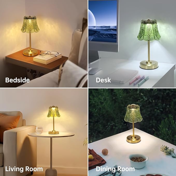 Shenmoyl Set of 2 Cordless Touch Table Lamp with 5200mAh Battery - 3 Adjustable Color Temperatures & Dimmable, Rechargeable Lamp for Bedsides, Living Room, Entryway, Bookshelves (Green Rose)