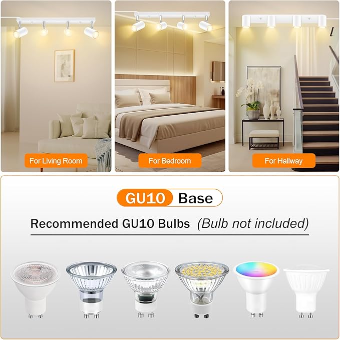 4 Light Track Lighting Kit,White 4 Way Modern Plug in Ceiling Spotlight,Industrial LED Wall Light for Kitchen Cabinet Gallery Bar Hallway Living Room,Rocker Switch,15 Foot Cord(No Bulb)