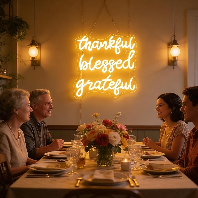 Thankful Blessed Grateful Neon Sign Led Dimmable Neon Lights for Bar Room Home Art Wall Decor Party Window Living Room Decor Christmas' Gift (Warm white)