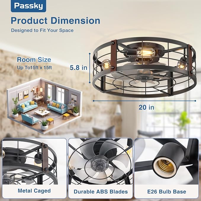 Passky 20" Caged Ceiling Fans with Lights and Remote, Low Profile Fandelier | Reversible DC Motor, 1/2/4H Timer, 6 Speeds, Farmhouse Style, Quiet Operation, for Bedroom, Kitchen, Dining Room, Living Room
