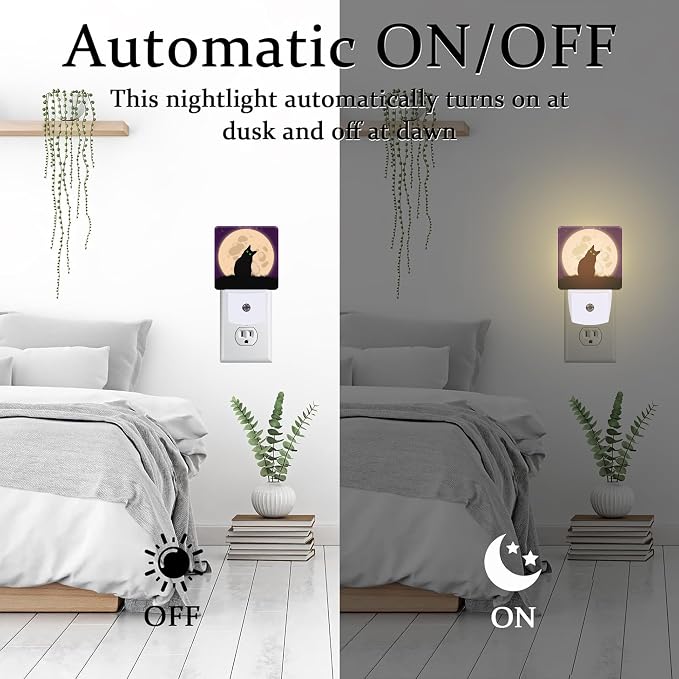 Halloween Spooky Black Cat Night Light Plug into Wall, Cat sit on Moon Dusk to Dawn Night Light,0.5w Energy Saving Sleep Friendly Nightlights for Kids Boys Girls Home Decor