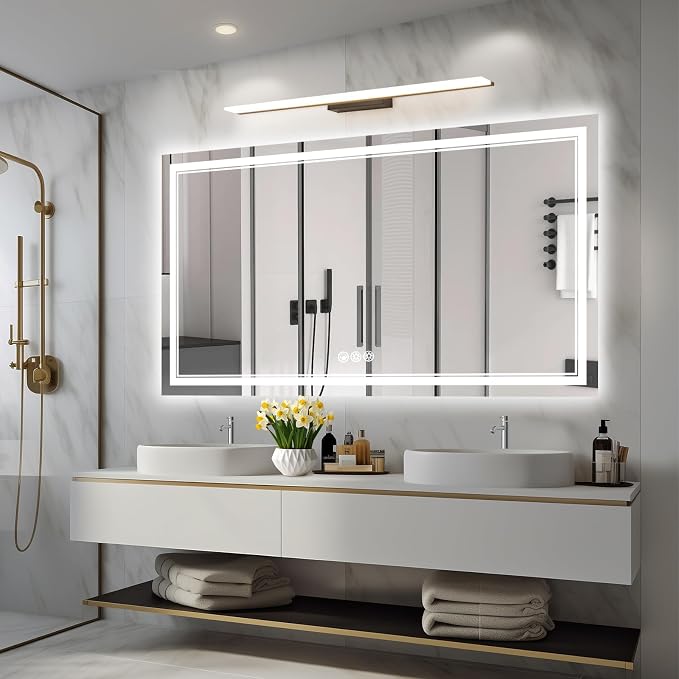 Ratsamee 55x30 Inch Led Mirror for Bathroom with Front Light and Backlit, Bathroom Mirror with Led Lights, Vanity Mirror with Lights for Wall, Anti-Fog, Dimmable, Memory Function, Tempered Glass