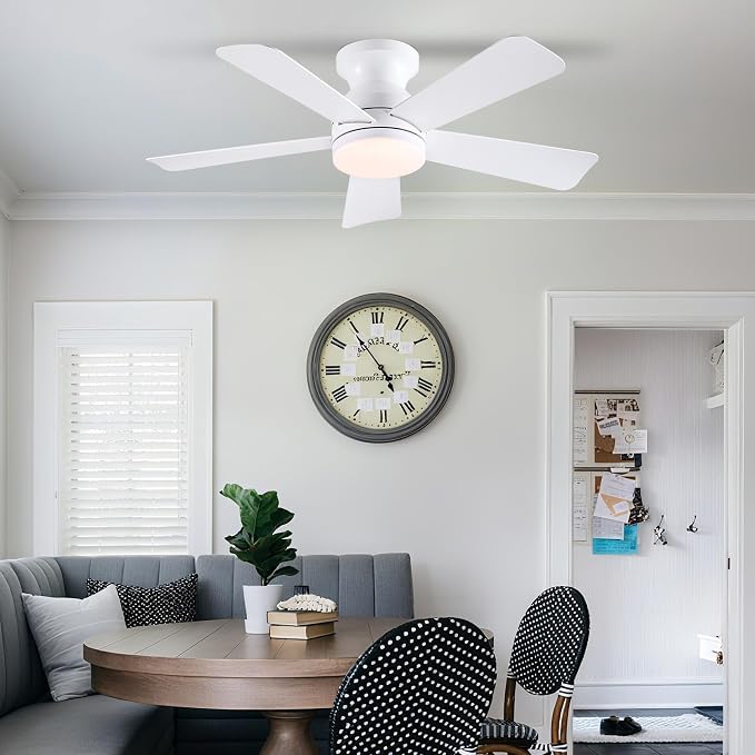 41 inch Ceiling Fans with Lights, White Flush Mount Ceiling Fan with Remote, 3CCT, LED Dimmable, Reversible, 6 Fan Speeds, Quite Low Profile Ceiling Fan with Lights Modern Bedroom Kitchen Indoor