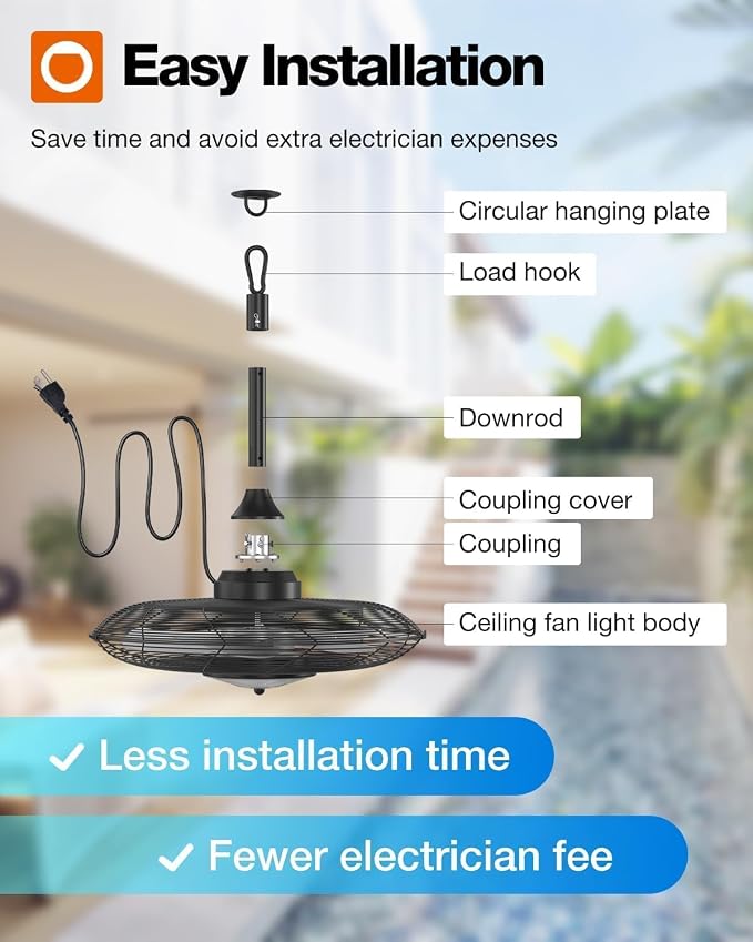 addlon 20" Outdoor Ceiling Fan with Light for Patio, IP65 Plug in Caged Fan | Waterproof, Hanging, Reversible DC Motor, 6 Speeds, Remote/APP Control, Quiet Operation, Timer, for Gazebo, Patio, Porch