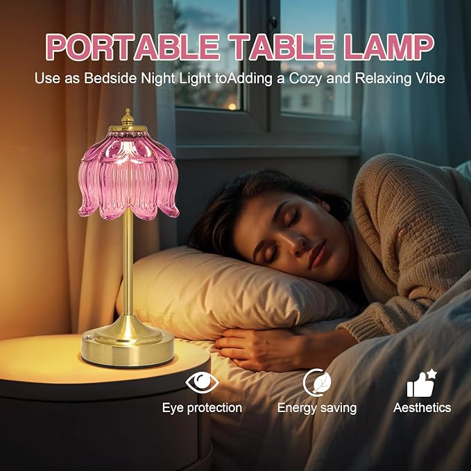 Cordless Table Lamp, Rechargeable Purple Glass Lotus Flower Lamp | 5200mAh touch lamp with 3 color modes and stepless dimming, battery operated lamp for nightstands and kitchen counters