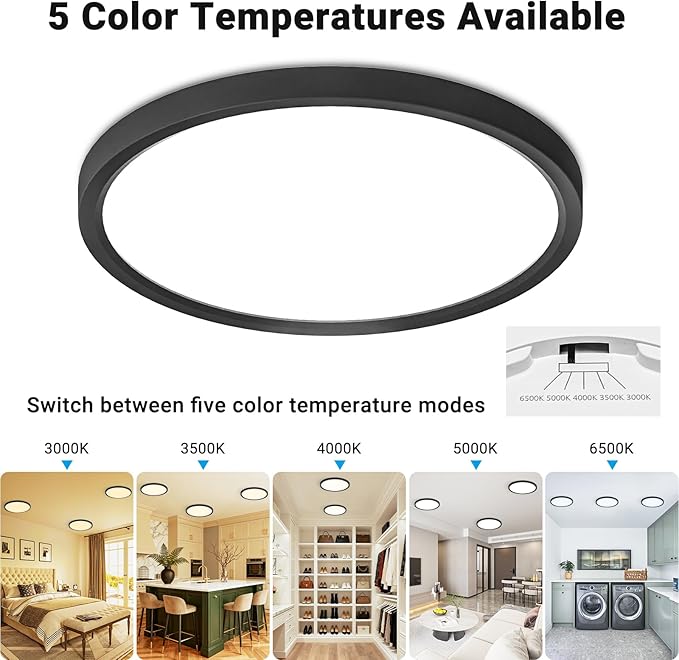 4 Pack LED Flush Mount Ceiling Light,7Inch 15W,3000K/3500K/4000K/5000K/6500K 5 Color Temperatures Ceiling Light Fixture for Kitchen Porch Hallway Bedroom Bathroom and Closet,Black