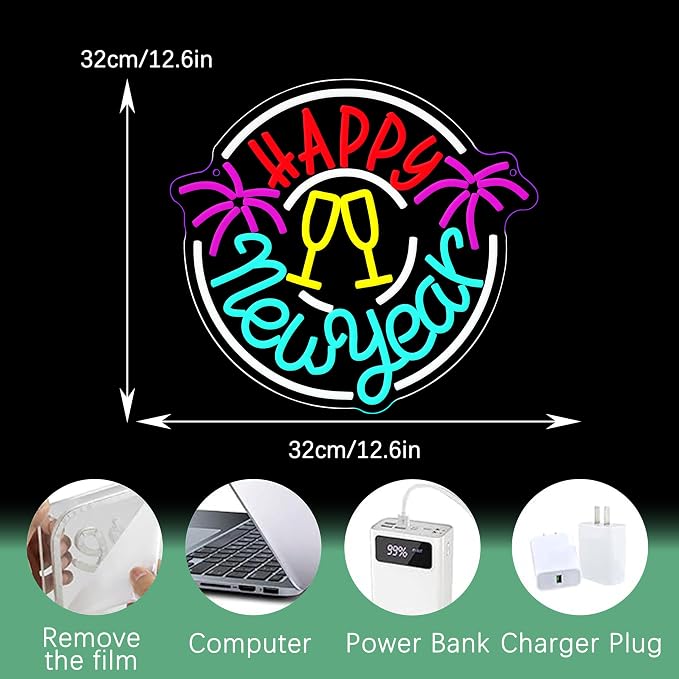Happy New Year Neon Sign with Dimmable Champagne Glasses Fireworks LED Neon Light for New Years Eve Party Light Up Wall Decor Neon Sign for Home Bar Photo Background Holiday Gift