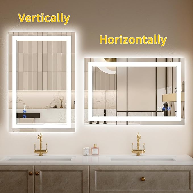 24"x32" LED Bathroom Mirror with Lights, Anti-Fog, Backlit + Front Lit, Dimmable, Led Vanity Mirror for Wall, Lighted Bathroom Mirror, 3 Colors, Shatter-Proof Tempered Glass