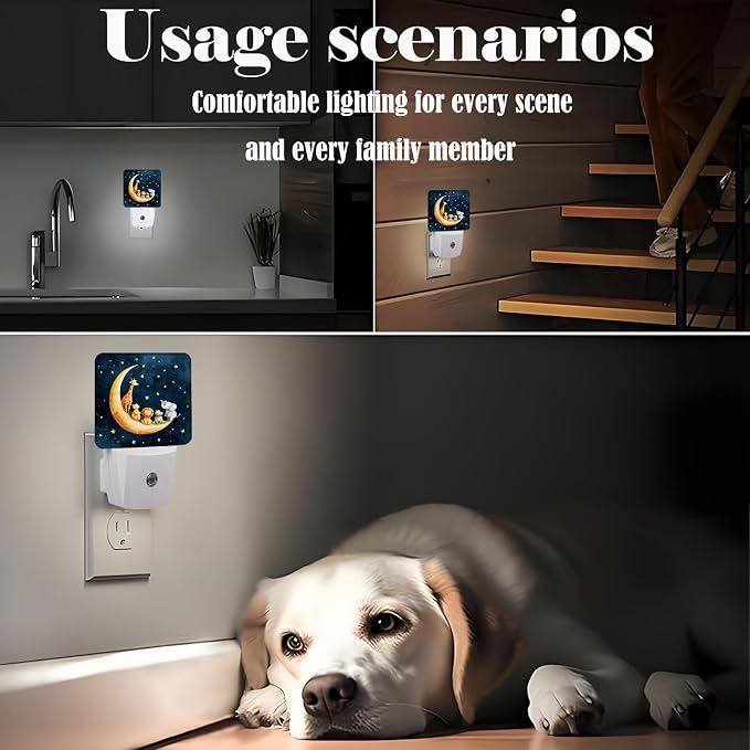 Moon and Starry Sky Night Light,Cartoon Animals Plug Into Wall with Dusk to Dawn Light Sensors, Warm Nightlights for Bedroom,Bathroom,Hallway,Kitchen,Gifts Ideal for Boys Girls Women Men