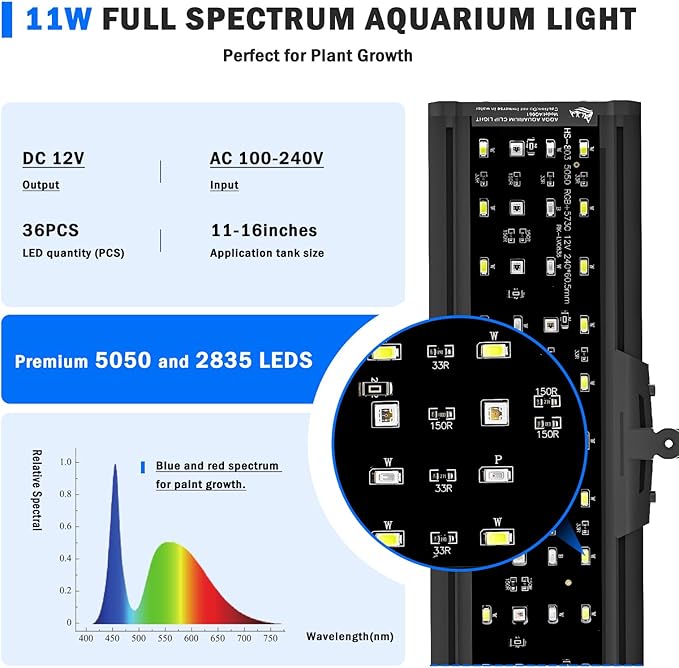 AQQA Clip On Aquarium Light, 24/7 & DIY Mode Full Spectrum Fish Tank Light | Adjustable Timer & Brightness, Memory Function, IP68 Waterproof LED Aquarium Plant Light, Fits 11–16 Inch Tanks