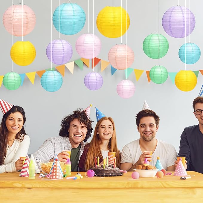 21 Pcs Pastel Neon Hanging Paper Lanterns - Colorful Party Decor in 8 Macaron-Colored Shades - 4 Sizes (4/6/8/10 Inch) for Baby Shower, Classroom, Wedding, Birthday Decorations