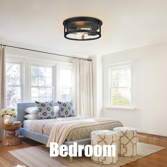 Farmhouse Black Flush Mount Ceiling Light Fixtures with Seeded Glass | Lampshade & Metal Frame, 2-Light Industrial Close to Ceiling Light for Kitchen, Hallway, Entryway, Bedroom, Forer, Entryway