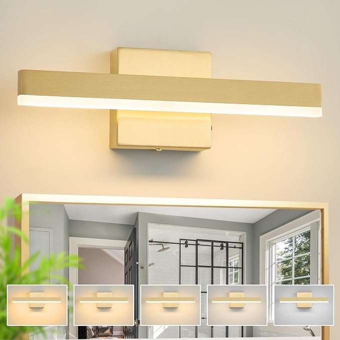 Gold Bathroom Vanity Light Fixture 15.7'' 20W Dimmable 5CCT LED Hardwired | Bathroom Light Fixture Over Mirror, Bathroom Wall Sconce, Rust-resistant, ETL Certificated, 2700K/3000K/3500K/4000K/5000K