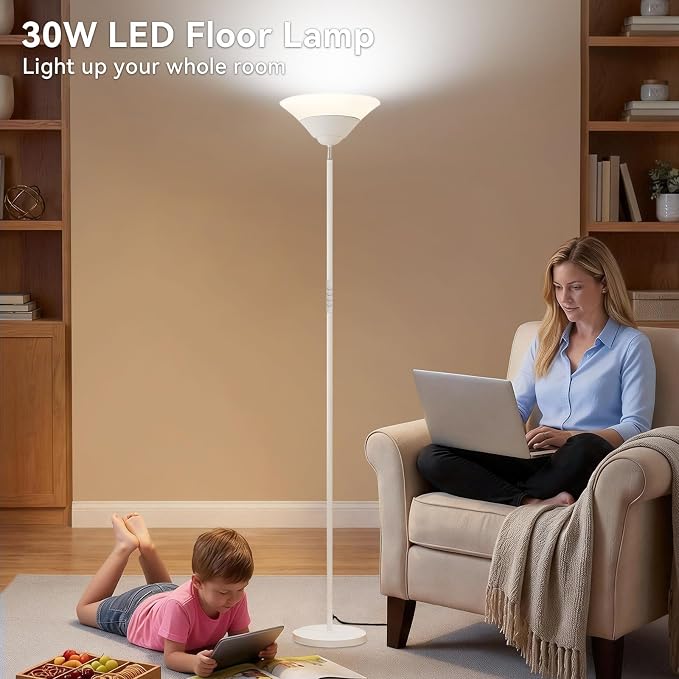 Torchiere Floor Lamp, 30W Dimmable LED Standing Lamp with Remote/Button Control, 1800Lm, 3000-6500K, 72in Bright Standing Pole Light for Living Room Bedroom Office Corner, White