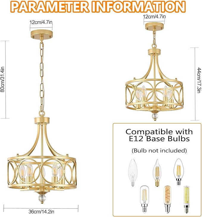 5-Light Gold Chandelier,14.2in Farmhouse Lantern Pendant Light Fixture,Adjustable Hanging Ceiling Lighting with E12 Socket,for Kitchen Island,Bedroom,Entryway,Dining Room