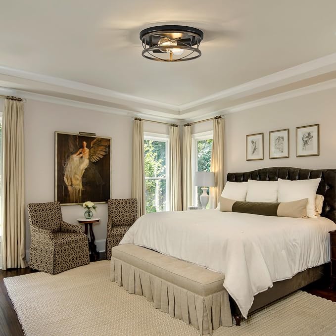 Farmhouse Lights, Rustic Black Industrial Flush Mount Ceiling Light, Ceiling Lamp Farmhouse Lighting Fixture for Hallway, Bedroom, Kitchen, Entrance, 2-Light