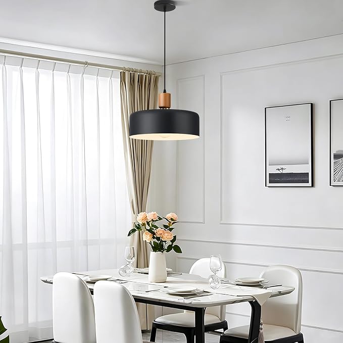15.8" Black Pendant Light, Large Oversized Walnut Oak Wood & Brass Drum Shade