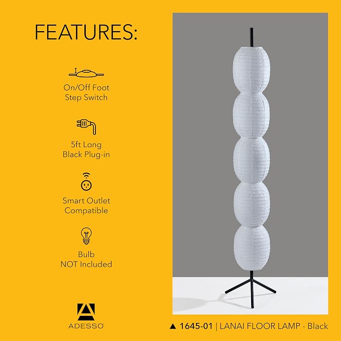 Adesso Paper Lantern 27” Table Lamp, 2-Light Decorative Desk Lamp with White Paper Shade, Tripod Base & in-Line Switch for Bedroom, Office, Living Room Decor