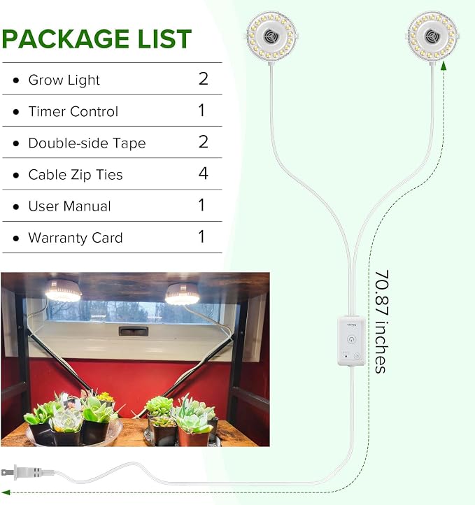 Puck Grow Lights for Indoor Plants, Dual 5W+5W Heads with Timer | Timer supports 4-, 8-, or 12-hour cycles with four brightness levels.