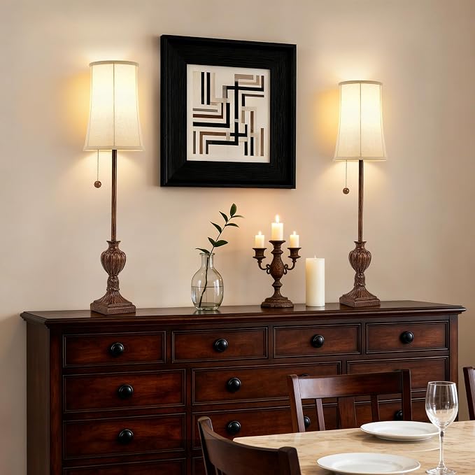 Buffet Table Lamps Set of 2 - 28" Tall Skinny Brown Resin Table Lamp for Living Room - Traditional Vintage Farmhouse Buffet Lamp with Pull Chain for Console Table,Dining Sideboard,Entryway,Bedroom