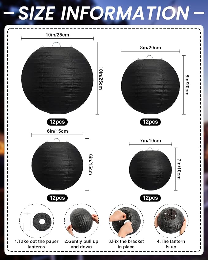 Treela 48 Pcs Paper Lanterns Party Decorations Round,Black | Chinese Hanging Lamps, Wedding, Party Supplies, Birthday Bridal, 4/6/8/10 Inch, Easy Setup, Asian Decor, Festive Atmosphere