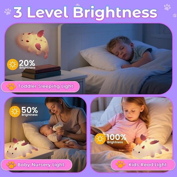 AVEKI Pink Dragon Night Light, Cute Baby Dragon Lamp Gifts for Girls and Princess, 10 Modes Adjustable Touch Baby Light, Rechargeable Nursery Lamp with Timer, Portable Nightlight for Kids Girl