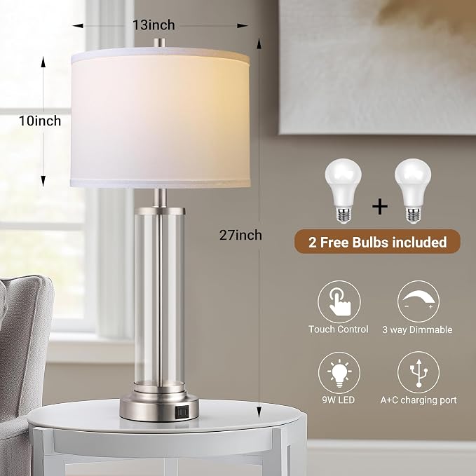 QiMH Touch Control Table Lamps Set of 2 with USB A+C Ports, 3-Way Dimmable Bedside Lamp for Living Room Bedroom House, Modern Nightstand Lamp with 2 LED Bulbs | 2 Dimmable LED Bulbs, USB A+C Charging Ports, Modern Silver Glass Lampshade, Seamless Dimmi...