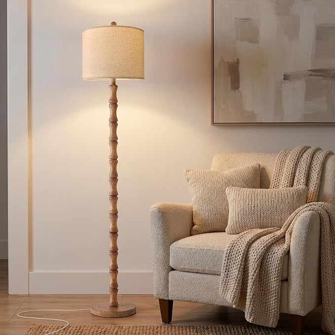 62" Farmhouse Floor Lamp for Living Room, Rustic Standing Lamp with Linen Shade and Rotary Switch, Resin Corner Floor Lamp for Bedroom, Dining Room, Office, Home Decor, Wood Grain