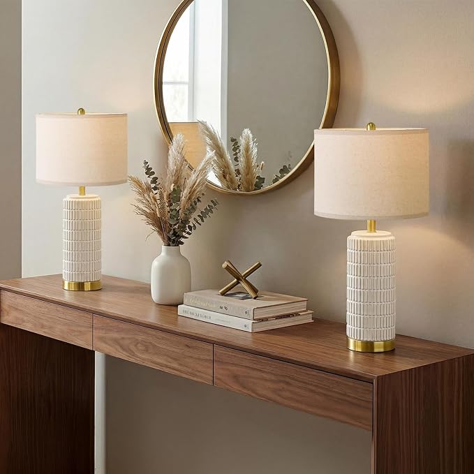 PoKat 25'' Modern Table Lamps Set of 2 for Living Room with Gold Base, White Farmhouse Bedside Lamps for Bedroom, Nightstand Lamps for Office End Table Hallway Home Decor Gift, Beige and White