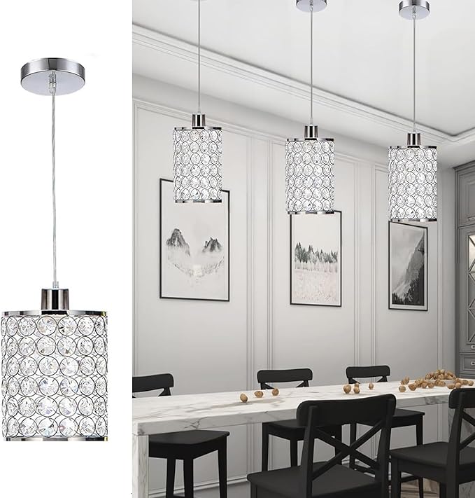 3 Pack Crystal Pendant Light, Modern Chrome Kitchen Island Pendant Lighting,Cord Adjustable Bar Ceiling Hanging Lights for Kitchen Dining Room Bedroom Bar