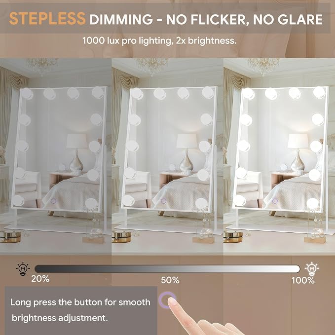 Hollywood Vanity Mirror with Lights 14" x 19", 10x Magnifying, 12 LED Bulbs, 3 Color Lights and 360° Rotation Desk Lighted Makeup Mirror for Bedroom Dresser College Dorm