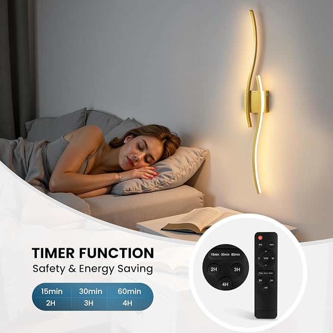 Gold Battery Operated Wall Sconces: 39.3 Inch Rechargeable Wall Sconce Set of 2 with Remote Control/3 Colors/10-100% Dimming/Timer Modern LED Wall Light for Bedroom Living Room Hallway Bathroom, 2 Pcs