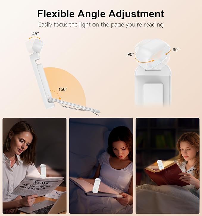 Gritin Reading Light, Rechargeable Book Light for Reading in Bed | Eye Caring 3 Color Temperatures, 5-Level Dimmable Brightness, Long Lasting,Compact Size Clip on Book Lamp for Bookworms-White