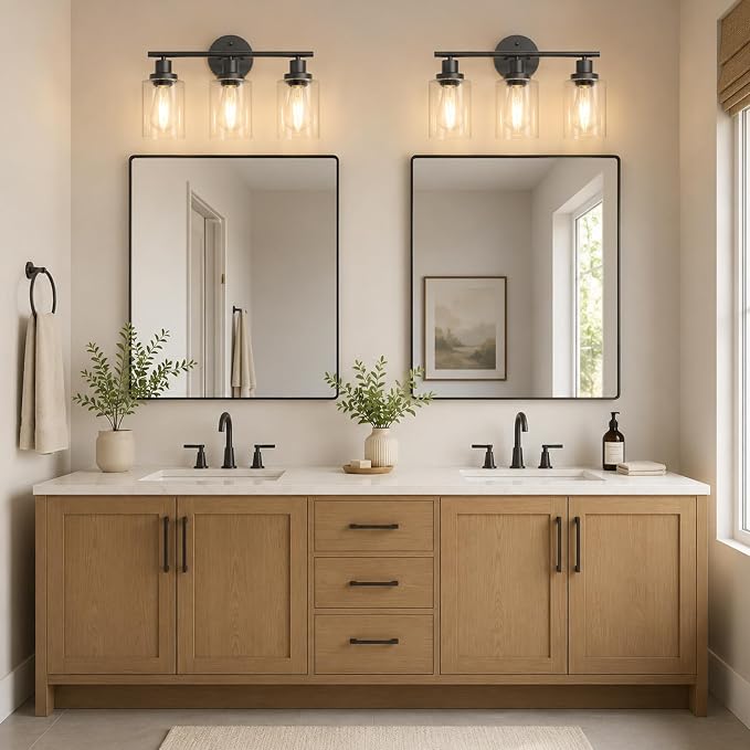2 Pack Modern Bathroom Light Fixtures, 3 Light Vanity Lights, Black Wall Lamp with Clear Glass for Bathroom, Mirror, Living Room, Bedroom, Hallway, E26 Base