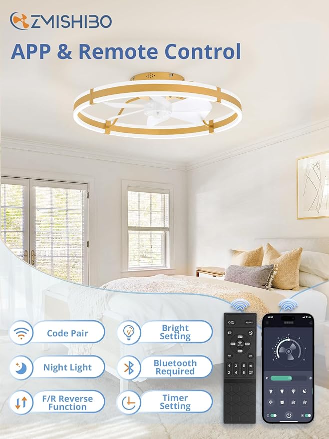 ZMISHIBO Low Profile 24'' Ceiling Fans with Lights and Remote, Gold | 3000-6000K Dimmable LED Fandelier, Quiet DC Motor, Reversible Airflow, 6 Wind Speeds, Timer, Bedroom, Living Room, Kitchen